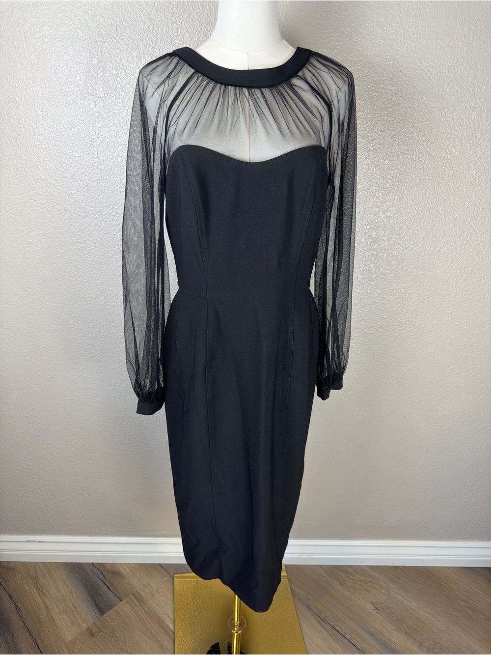 NWOT Maggy London Black Sheer Mesh Yoke Long Sleeve Sheath Dress, size 10 - Picture 4 of 11